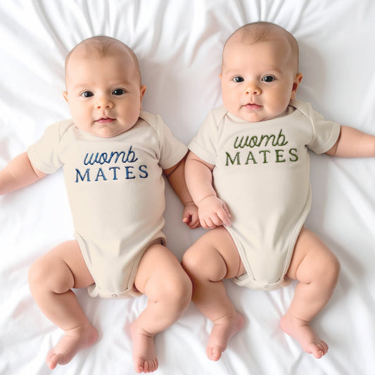 Custom "Womb Mates" Embroidered Baby Outfits for Twins & Triplets (Set of 2)